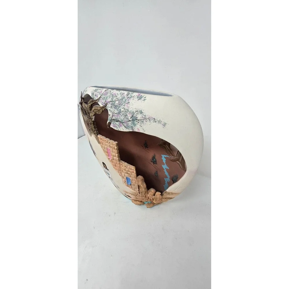 Vtg Tu Su's 1990 pillow vase southwest native American carved 3D signed‎ pottery